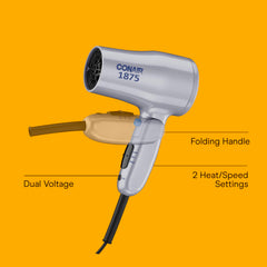 Conair compact hair dryer showing dual-voltage capability