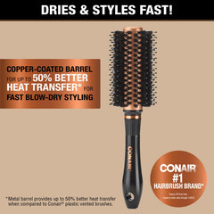 Conair Copper Collection round hair dryer brush with copper barrel highlights efficient heat transfer for quick dries.