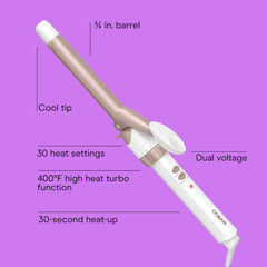Conair Double Ceramic ¾-Inch Curling Iron barrel close-up highlights even heat for smooth curls.