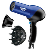 Conair hair dryer front view shows blue-black design for fast styling.