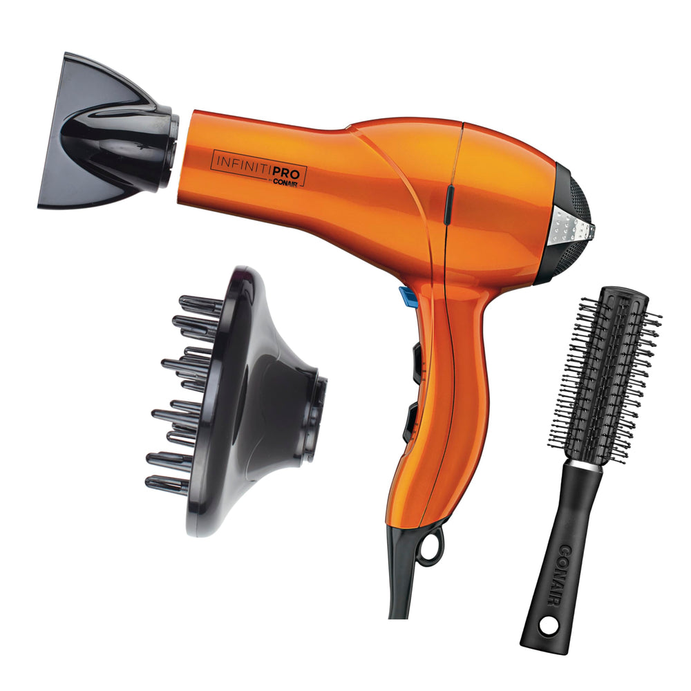 Conair Infiniti Pro hair dryer front view in orange for powerful results.