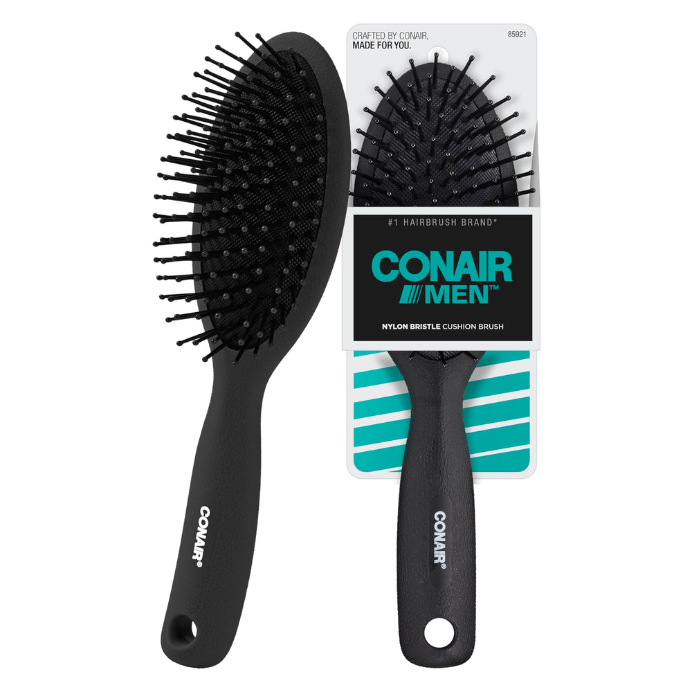 Conair Men brush with ball-tipped bristles for gentle detangling and comfort.