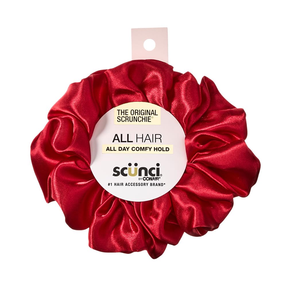 Conair Scunci scrunchie satinado rojo cereza para cola de caballo con agarre suave