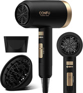 CONFU Hair Dryer with diffuser front view, highlighting fast drying power