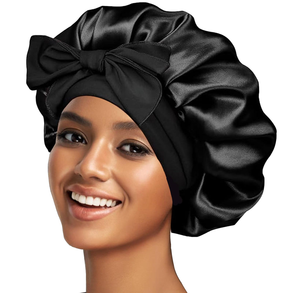 Confvrter silk bonnet front view showing large size for curl protection during sleep.