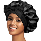 Confvrter silk bonnet front view showing large size for curl protection during sleep.