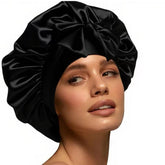 Confvrter silk satin bonnet on head showing comfortable fit for curly hair during sleep