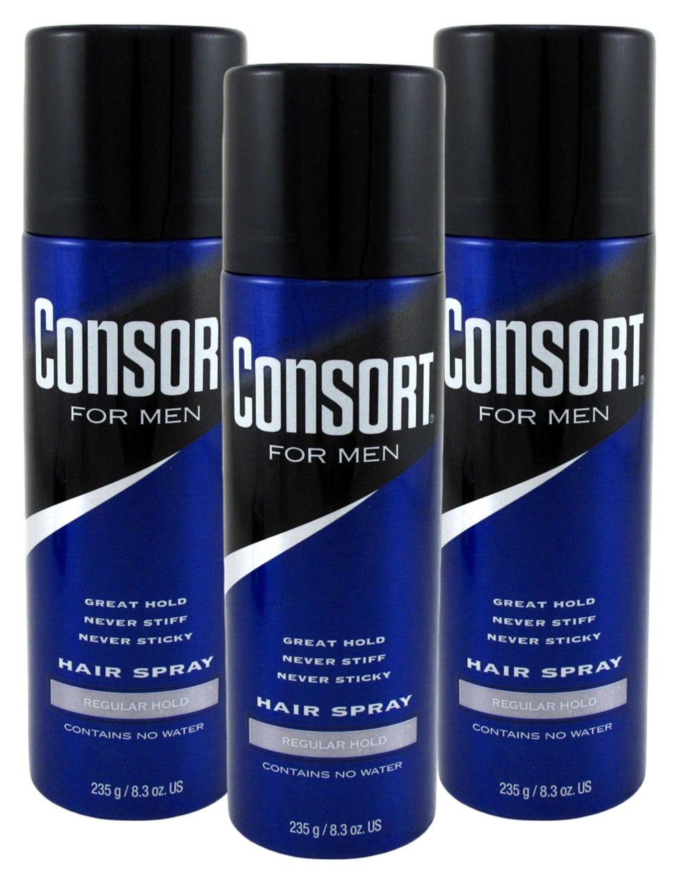 Consort hair spray front view can, 8.3 oz, delivering a long-lasting hold.