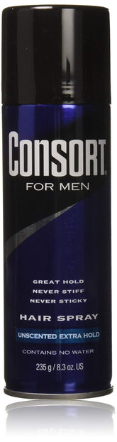 Consort unscented hair spray bottle demonstrating 12-hour hold.