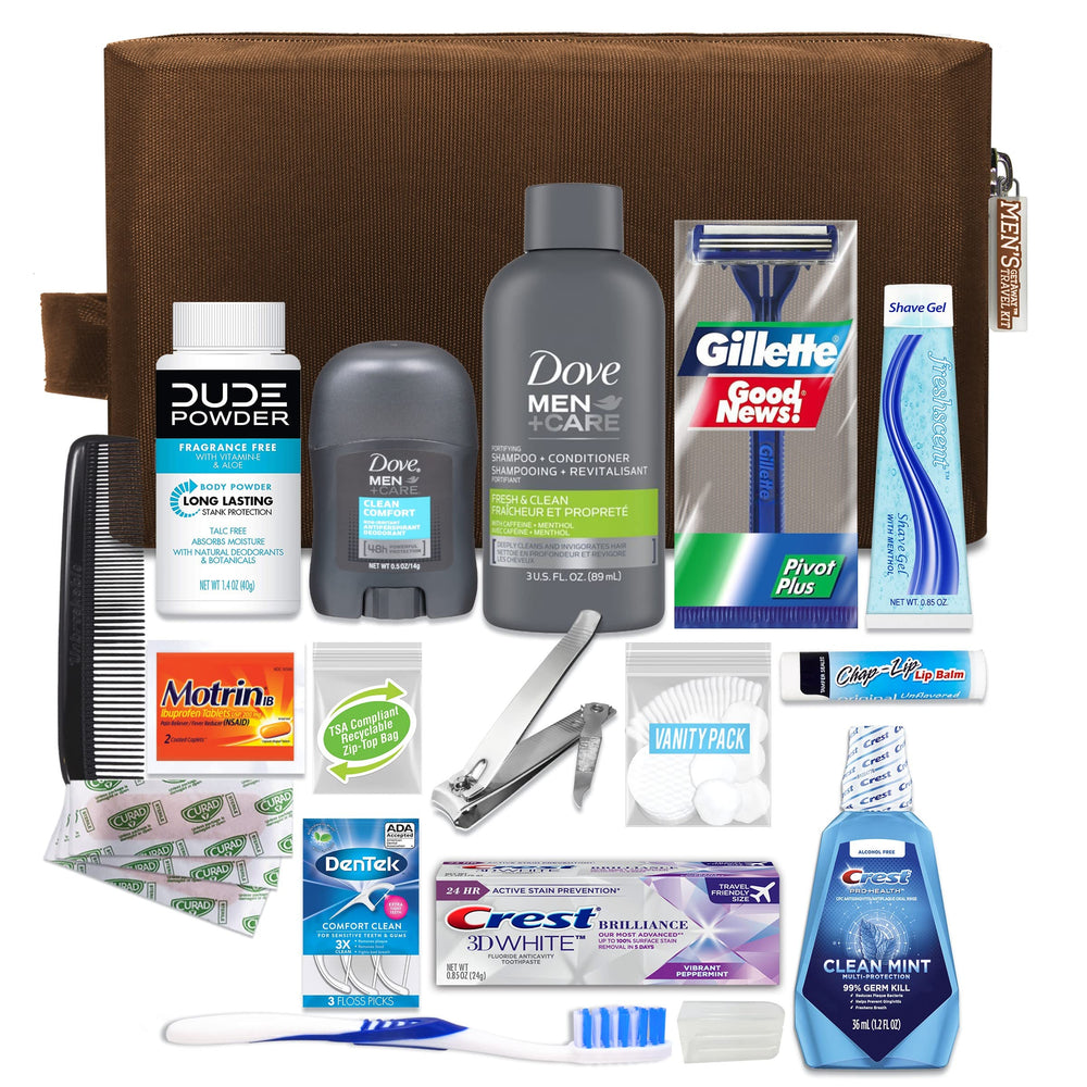 Kit de Convenience Kits International con Dove Men Care en bolsa Dopp para viaje.