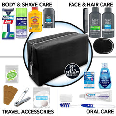 Inside view of kit items, featuring Dove Men & Care and grooming tools for on-the-go care.