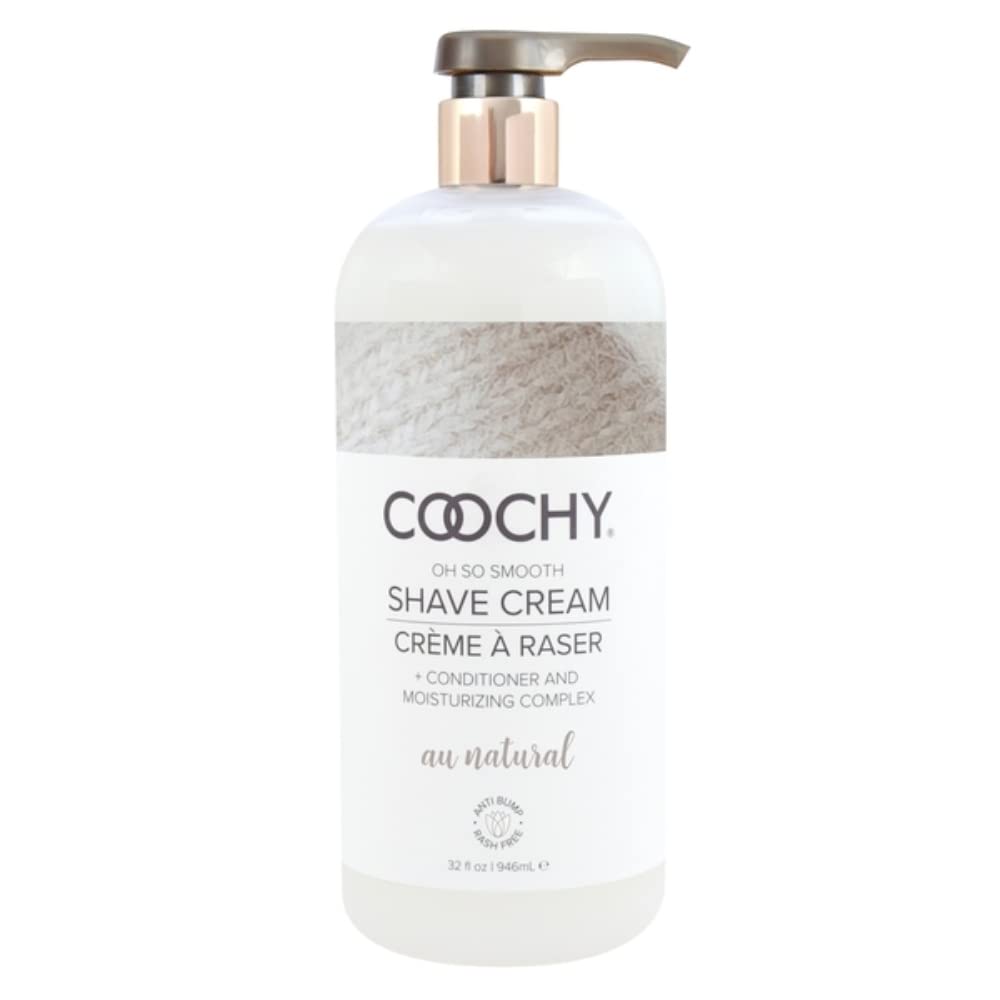 Coochy Shave Cream Au Natural bottle promotes rash-free shaving for bikini area.