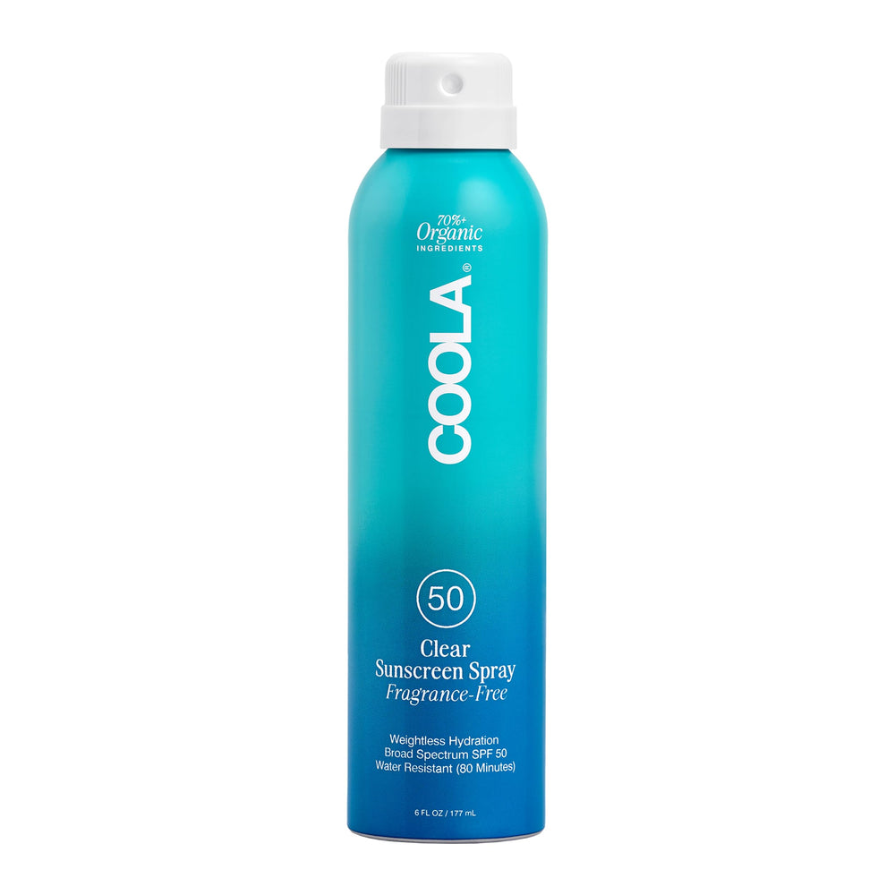 COOLA organic SPF 50 spray bottle delivering clear, lightweight protection