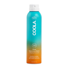 COOLA SPF 30 sunscreen spray bottle shows easy full-body coverage