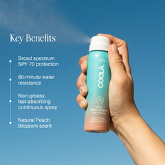 Aplicación rápida de COOLA spray en la piel durante días activos