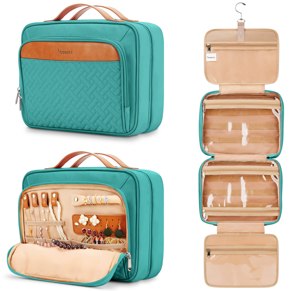 COOSKY travel hanging toiletry bag in blue keeps cosmetics organized on trips.