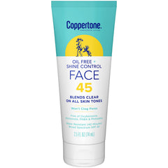 Coppertone oil-free shine-control sunscreen for the face, easy application with a non-greasy finish.