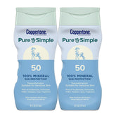 Coppertone Pure and Simple zinc-oxide-sunscreen-lotion-spf50 bottle highlights mineral protection for sensitive skin.