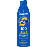 Coppertone Sport en botella con spray continuo para cobertura rápida y uniforme.