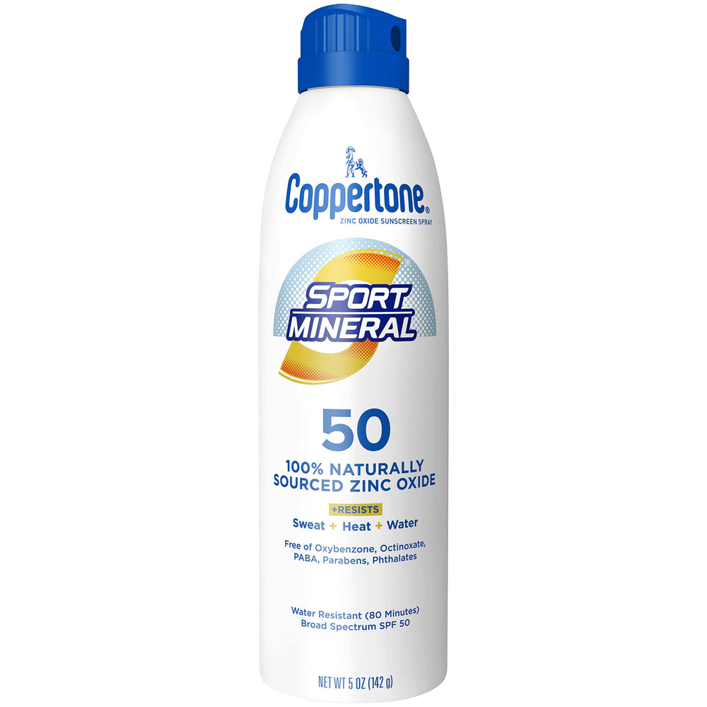 Coppertone Sport Mineral SPF 50 atomizador fácil de aplicar para actividades al aire libre.