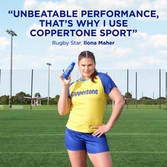 Coppertone Sport SPF50 resistente al agua y al sudor para actividades intensas.