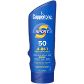 Coppertone SPORT SPF 50 bottle front label with broad spectrum protection and a rugged outdoor vibe.