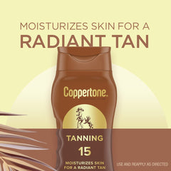 Coppertone tanning sunscreen lotion moisturizes skin as it's spread, supporting a comfortable day in sun