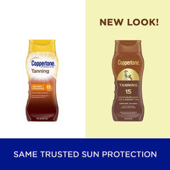 Coppertone tanning sunscreen lotion SPF 15 being spread on skin demonstrates easy application