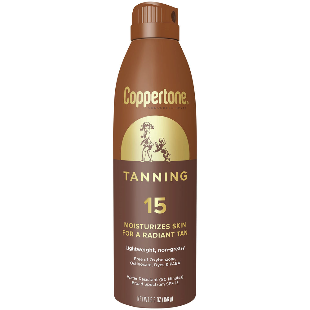 Coppertone tanning sunscreen spray bottle for easy, even coverage on skin.