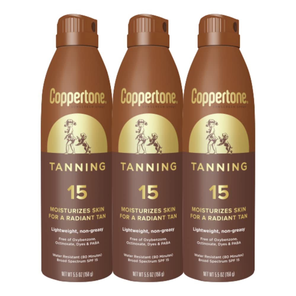 Coppertone tanning sunscreen spray shows even coverage with a fine mist.