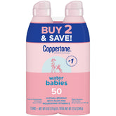 Coppertone WaterBabies spray visible para aplicación clara y uniforme.