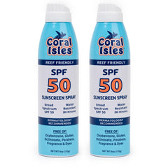 Coral Isles SPF50 spray bottle pour for quick, even coverage.