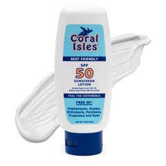 Coral Isles Sunscreen SPF 50, botella frontal, protección ligera para uso diario.