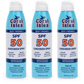 Coral Isles Sunscreen Spray SPF 50 pack of 3, ideal for family beach days.