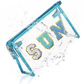 COSHAYSOO clear sunscreen bag with blue chenille SUN patches for organized beach days