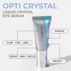 Close-up of the COSMEDIX Opti Crystal dropper releasing serum for hydrating eye care
