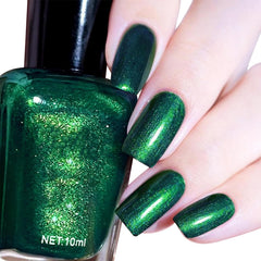 COSMOO Glitter Dark Green Nail Polish bottle shows rich color and radiant shimmer for stylish manicures.
