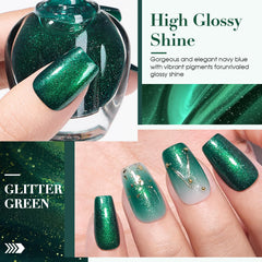 COSMOO Glitter Dark Green Nail Polish swatches show deep base with emerald sparkle.