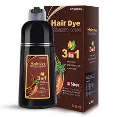 Cosmpro Chestnut Brown Hair Dye Shampoo bottle for gray hair coverage.