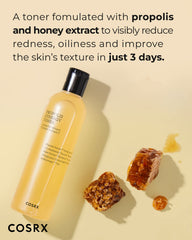 COSRX Full Fit Propolis Synergy Tónico, aplicación en la palma, sensación refrescante para siguientes pasos.