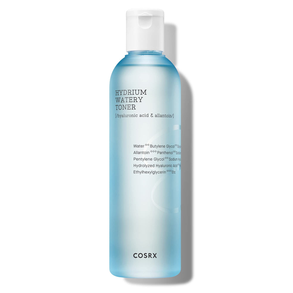 COSRX Hydrium Watery Toner, botella de vidrio, hidratación suave para piel normal y sensible.
