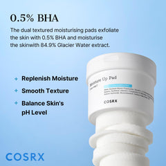 COSRX Moisture Up Pads embossed side in use for exfoliating and prepping skin.