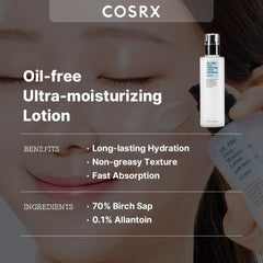 COSRX loción textura ligera se absorbe rápido, ideal para uso diario.