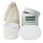 Cottonessence reusable pads in a 25-pack for gentle makeup removal on skin.