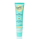 CoTZ Face Prime and Protect bottle close-up highlighting SPF 40 mineral sunscreen for daily protection.