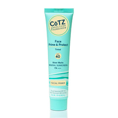 CoTZ Face Prime and Protect bottle close-up highlighting SPF 40 mineral sunscreen for daily protection.