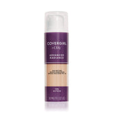 CoverGirl Advanced Radiance Foundation Buff Beige bottle shows smooth, blendable coverage for an even skin tone.