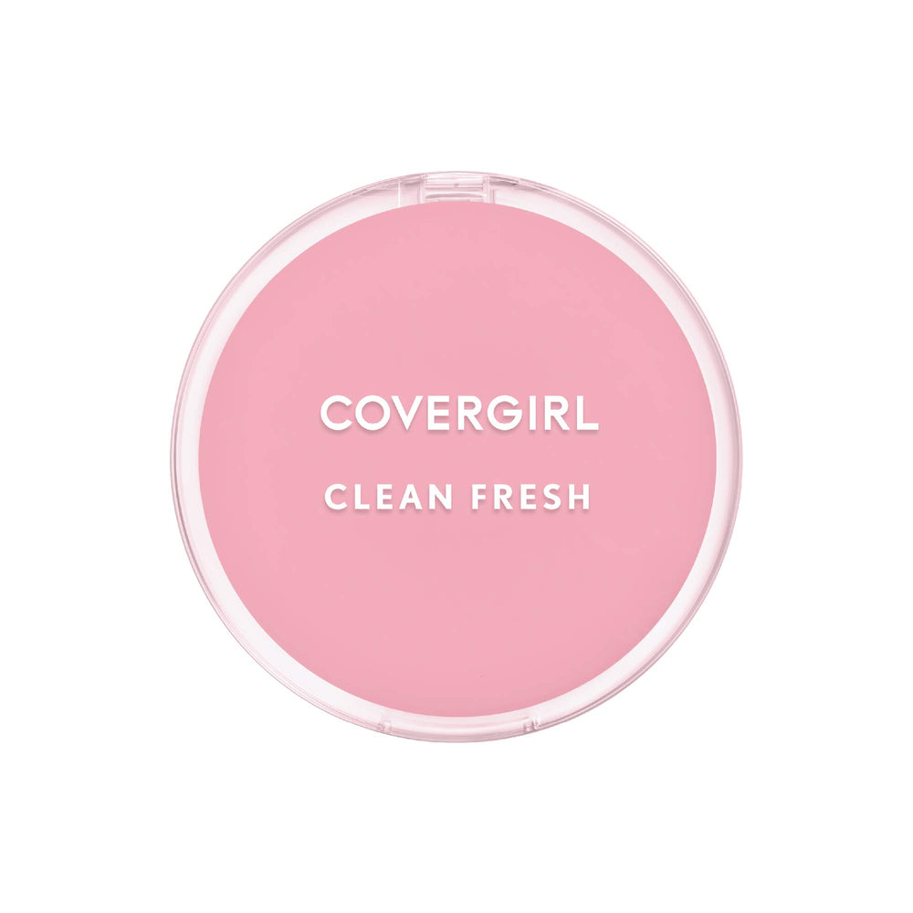CoverGirl Clean Fresh pressed powder packaging close-up highlighting vegan formula for natural finish.