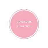 CoverGirl Clean Fresh pressed powder packaging close-up highlighting vegan formula for natural finish.