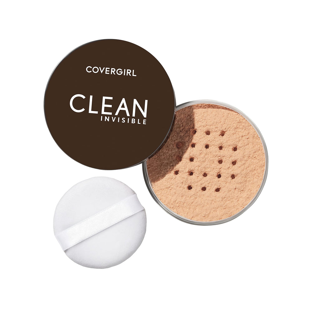 CoverGirl Clean Invisible Loose Powder jar close-up showing soft texture for natural finish.